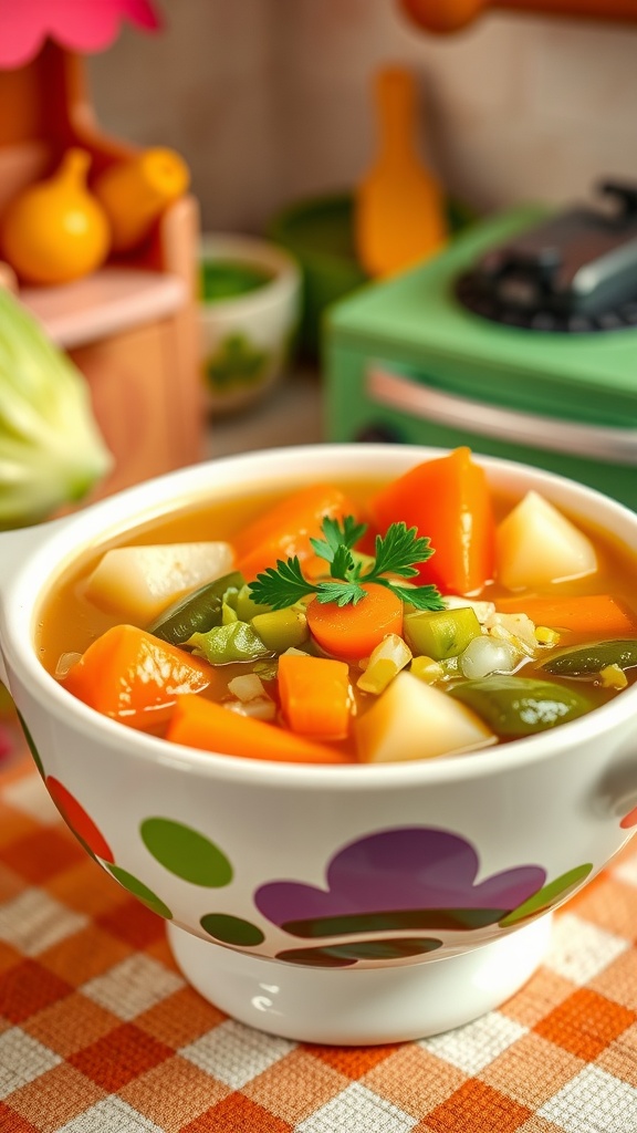 Classic 90s Cabbage Patch Doll Soup Recipe A bowl of colorful cabbage soup with carrots, potatoes, and parsley, evoking 90s nostalgia.
